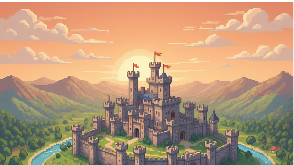 A crusader knight leading an army into battle, with banners waving under a dramatic sky.